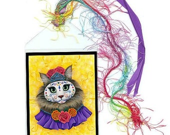 Day of the Dead Cat Princess Bookmark Mexican Sugar Skull Cat Bookmarker Aztec Painting Fantasy Cat Art Mini Bookmark Cat Lovers Gift