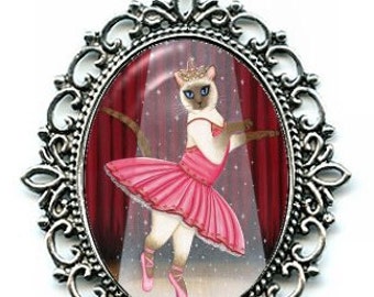 Ballerina Cat Necklace Siamese Cat Ballet Dancer Cat Cameo Pendant 40x30mm Gift for Cat Lovers Jewelry Carrie Hawks