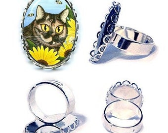 Cat Ring Tortoiseshell Tortie Cat Sunflower Bumble Bees Fantasy Cat Art Cameo Ring 25x18mm Gift for Cat Lovers Jewelry Carrie Hawks