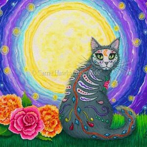 Day of the Dead Katze Mond Magnet Sugar Skull Katze Mexikanisch Celestial All Souls Day Stars Cat Art Magnet Geschenke für Katzenliebhaber Carrie Hawks Bild 2