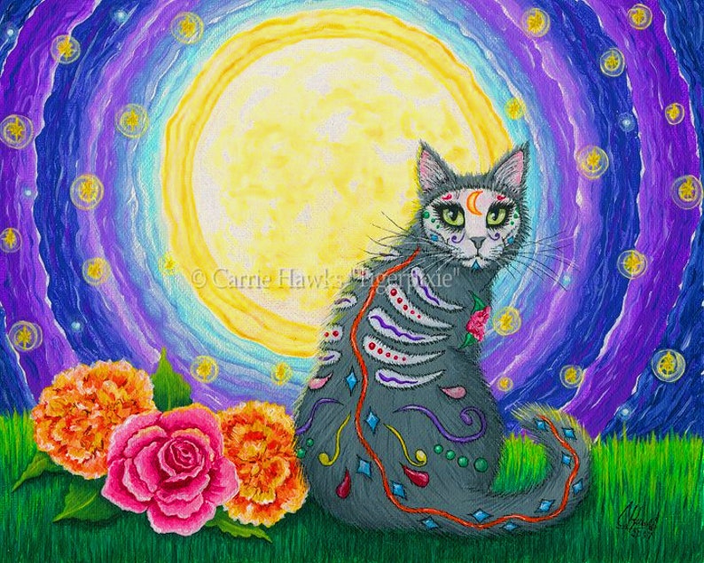 Day of the Dead Katze Mond Magnet Sugar Skull Katze Mexikanisch Celestial All Souls Day Stars Cat Art Magnet Geschenke für Katzenliebhaber Carrie Hawks Bild 2