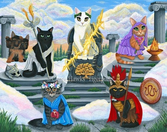 Griechische Götter Göttinen Katzen Malerei Zeus Ares Persephone Hestia Olympus Cat Art Limited Edition Leinwanddruck 11x14 Cat Lovers Art