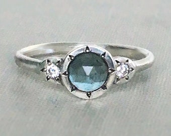 Rose Cut Moss Aquamarine or Montana Sapphire, Moissanite and Sterling Silver or 14k Gold Three Stone Ring