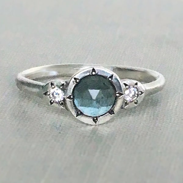 Rose Cut Moss Aquamarine or Montana Sapphire, Moissanite and Sterling Silver or 14k Gold Three Stone Ring