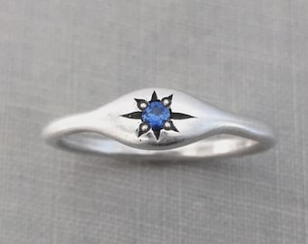 Blue Sapphire Star Signet Ring in Solid 14k Gold or Sterling Silver