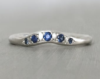 Blue Sapphire Wedding or Anniversary Band in Sterling Silver or Solid 14k Gold