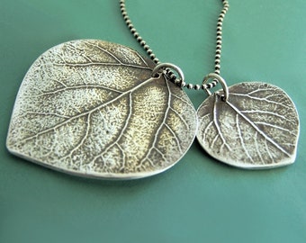 Mother and Child Aspen Leaf Necklace, Large, Sterling Silver, Free Shipping, Last Minute Gift, Gardening Gift