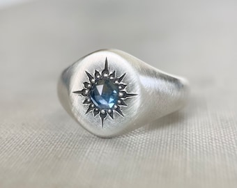 Rose Cut Montana Sapphire Star Signet Ring in Sterling Silver