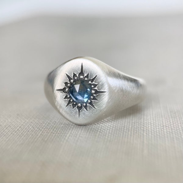 Rose Cut Montana Sapphire Star Signet Ring in Sterling Silver