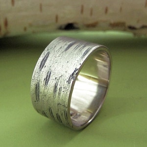 Birch Ring, Men's Wide Birch Tree Bark Wedding Band in 14k Palladium White Gold