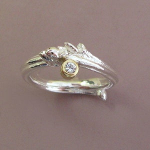 Oak Moissanite Twig Engagement Ring, Sterling Silver and 18k Gold