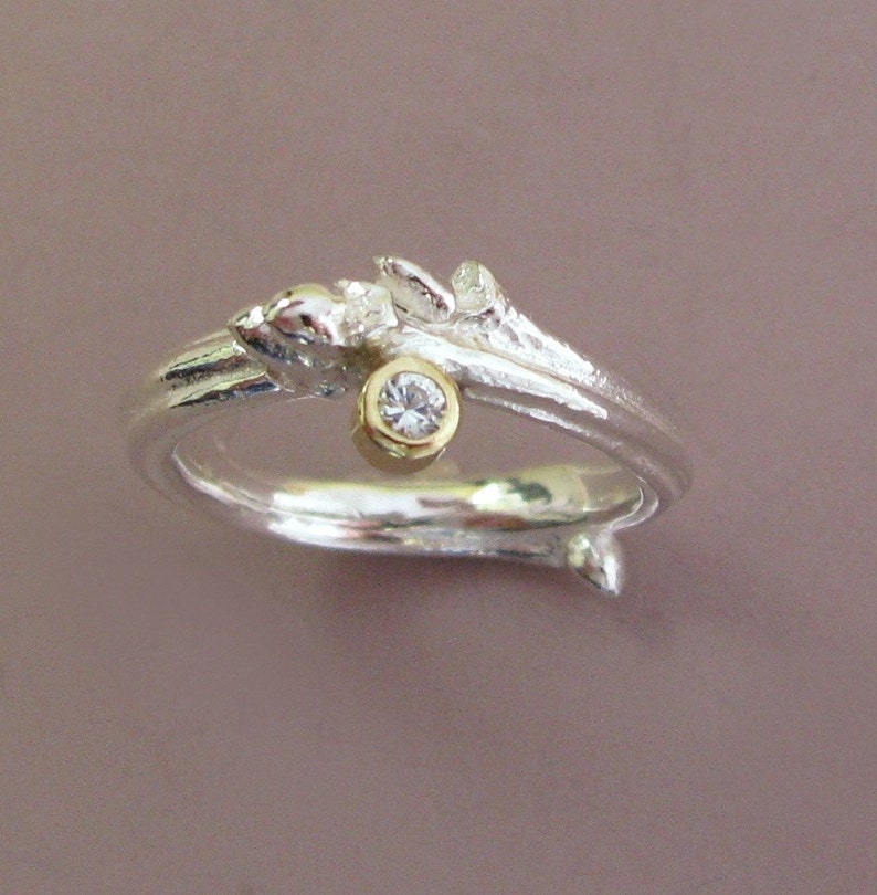 Oak Moissanite Twig Engagement Ring, Sterling Silver and 18k Gold image 1