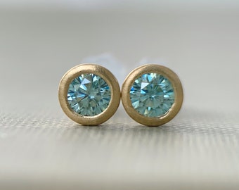 Blue Moissanite and 14k Gold or Sterling Silver Stud Earrings