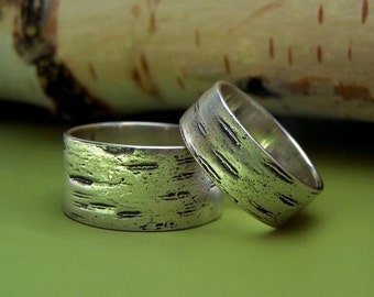 Birch Bark Wedding Rings in Sterling Silver, Set of Two, Recycled Sterling Silver