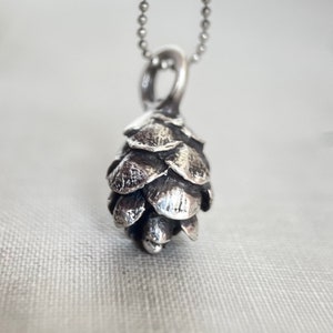 May include: A silver pendant necklace featuring a detailed, textured pine cone charm. The pendant is attached to a silver chain.
