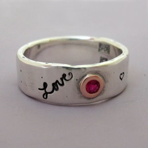 Message of Love Wide Band Ring in 14k Rose Gold, Ruby and Sterling Silver image 2