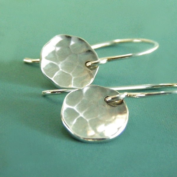 Hammered Earrings in Sterling Silver Tiny Pool Earrings Hand Hammered Discs Last Minute Gift Free Shipping