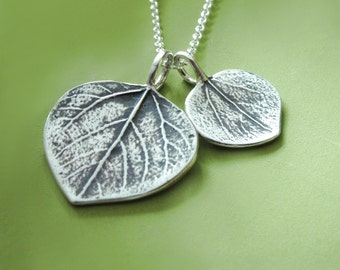 Mother and Child Aspen Leaf Necklace in Sterling Silver, Gift for Mom, Last Minute Gift, Free Shipping, Gardening Gift