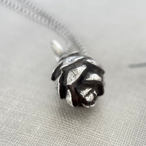 May include: A silver necklace with a detailed pine cone pendant. The pendant is textured and has a realistic look.