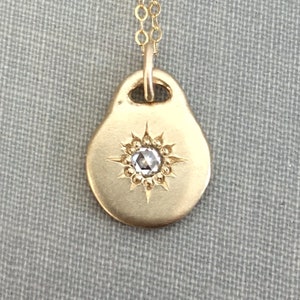 14k Gold Star Moissanite Diamond or Montana Sapphire Necklace: Hand Engraved Pendant