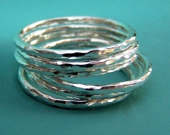 Stacking Ring Set in Sterling Silver, Thin Hammered, Set of Six