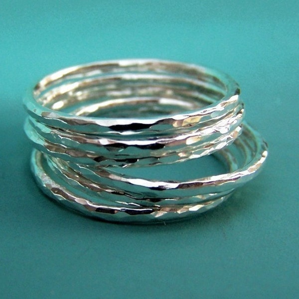 Stacking Ring Set in Sterling Silver, Thin Hammered, Set of Six