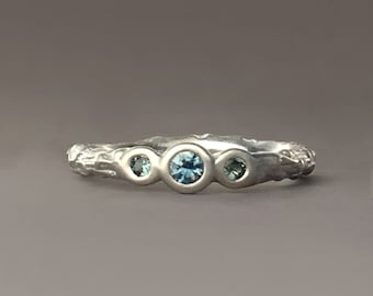 Three Stone Pine Twig Ring with Montana Sapphires in Sterling Silver or 14k Gold