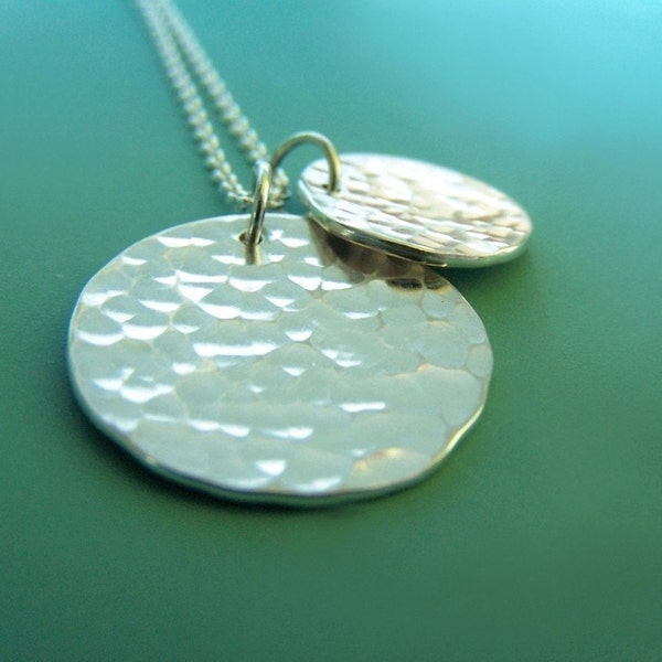Hammered Disc Sterling Silver Necklace, Hand Hammered, Two Charms, Large Pool