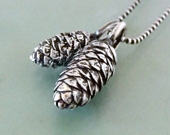 White Pine Cone Two Charm Necklace in Sterling Silver