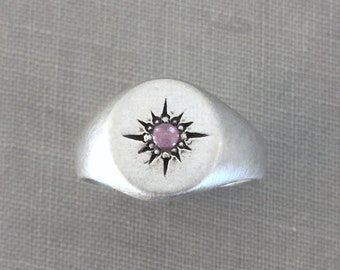 Star Signet Ring with Pink Sapphire in Sterling Silver