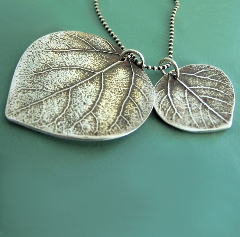 Mother and Child Aspen Leaf Necklace, Large, Sterling Silver, Free Shipping, Last Minute Gift, Gardening Gift image 1