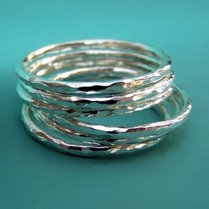 Stacking Ring Set in Sterling Silver, Thin Hammered, Set of Six