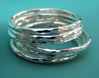 Stacking Ring Set in Sterling Silver, Thin Hammered, Set of Six
