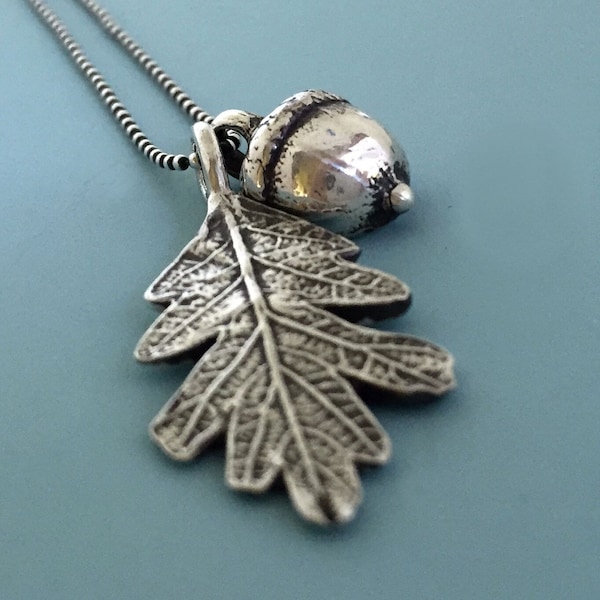 Sterling Silver Acorn and Oak Leaf Necklace  Free Shipping, Gardening Gift