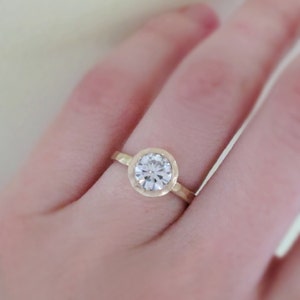 Moissanite Engagement Ring in 14k Yellow or Rose Gold, Hand Hammered with Hammered Bezel, Choose a Stone Size image 5