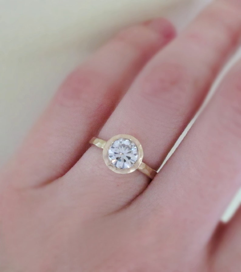 Moissanite Engagement Ring in 14k Yellow or Rose Gold, Hand Hammered with Hammered Bezel, Choose a Stone Size image 5