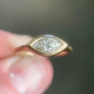 East West Marquise Moissanite Signet Bezel Style Engagement Ring in 14k Gold