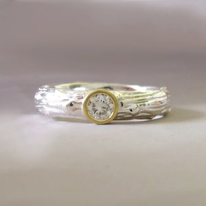 Moissanite Engagement Ring, Sterling Silver and 18k Yellow Gold, Wide Pine Branch Twig