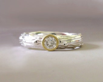 Moissanite Engagement Ring, Sterling Silver and 18k Yellow Gold, Wide Pine Branch Twig