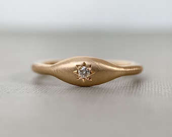 Star Signet Ring in Choice of Solid 14k Gold or Sterling Silver, Moissanite or Canadian Diamond