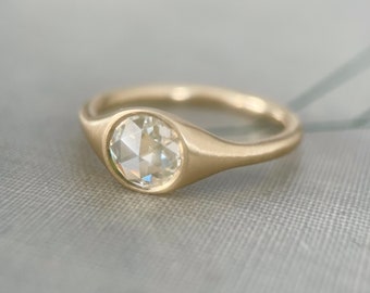 Round Rose Cut Moissanite Signet Ring in 14k Yellow Gold - Ready to Ship Size 6.5