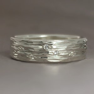 Moissanite Wedding, Anniversary or Eternity Ring in Sterling Silver or 14k Gold, Ripple Design