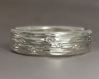 Moissanite Wedding, Anniversary or Eternity Ring in Sterling Silver or 14k Gold, Ripple Design