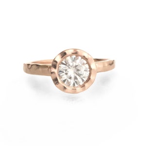 Moissanite Engagement Ring in 14k Yellow or Rose Gold, Hand Hammered with Hammered Bezel, Choose a Stone Size image 2