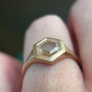 Hexagon Moissanite Signet Ring in 14k Gold with 6.5 mm Tablet or Rose Cut