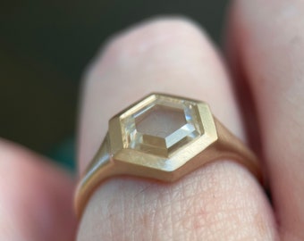 Hexagon Moissanite Signet Ring in 14k Gold with 6.5 mm Tablet or Rose Cut