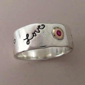 Message of Love Wide Band Ring in 14k Rose Gold, Ruby and Sterling Silver image 1