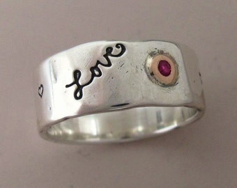 Message of Love Wide Band Ring in 14k Rose Gold, Ruby and Sterling Silver