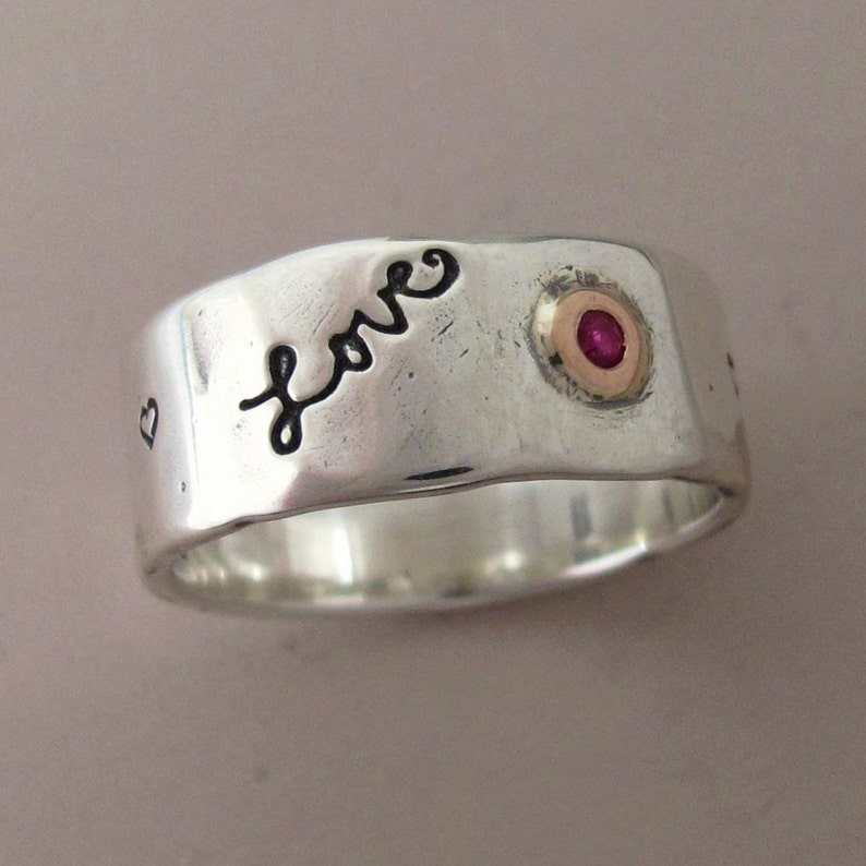 Message of Love Wide Band Ring in 14k Rose Gold, Ruby and Sterling Silver image 1