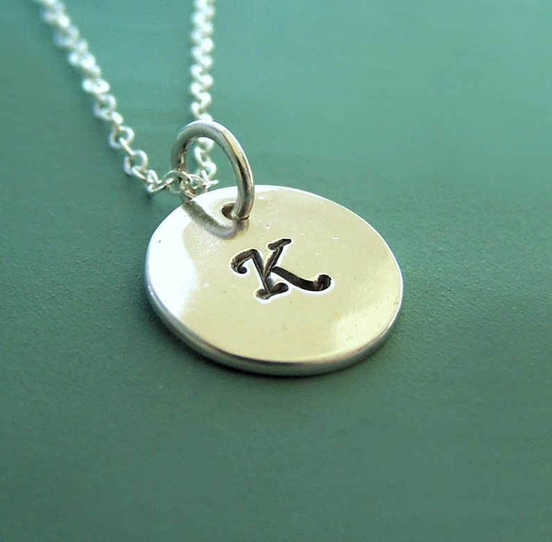 Initial Letter Necklace in Sterling Silver, Hand Stamped Custom Personalized Gift for Mom, 7/16 image 1